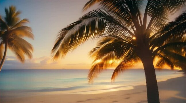 Sunset or sunrise at ocean coast with palm leaves tree silhouette in front. Scenery tropical nature seascape with sunlight in summer.
