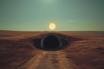 A dirt road ventures into a tunnel nestled within a vast field surrounded by natures ruggedness, A...