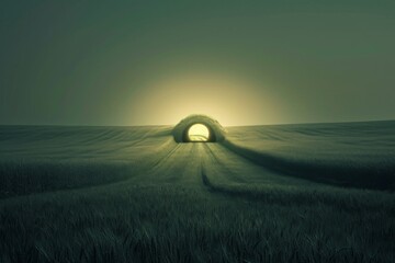 A spacious field featuring a prominent tunnel at its center, surrounded by open landscape under a...