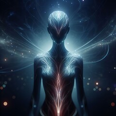 An artist's digital creation of a humanoid with intricate bioluminescent patterns over a backdrop of a star-filled cosmos, exuding a sense of advanced consciousness and serenity.. AI Generation
