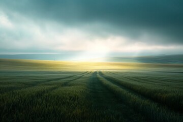 A dirt road cuts through a vast field, offering a path through the open landscape, A softly lit tunnel standing alone in a vast field, AI Generated
