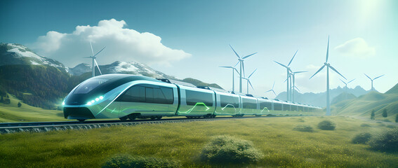 a train traveling between wind turbine on a green grass field, futuristic visions,Renewable energy, environmental preservation, modern means of transportation, blue sky, white clouds ,plants