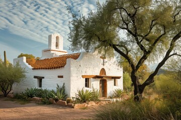 A white building with a red roof stands tall beside a tree, creating a striking contrast between the colors, A Spanish colonial mission in the Southwest, AI Generated