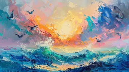 Fototapeta na wymiar Oil painting, abstract ocean scene with marine animals, summer palette knife style, on a lively background with striking lighting