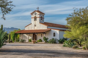 A photo of a white church featuring a prominent cross on its rooftop, A Spanish colonial mission in the Southwest, AI Generated