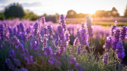 Obraz premium Afternoon sun on a field of vibrant purple lavender