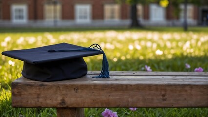 graduation cap and diploma on the bench