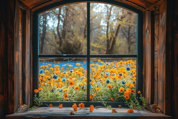 Fototapeta na wymiar A picturesque flower-filled meadow seen through a window