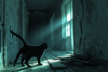A black cat confidently walks through a dimly lit room, exploring its surroundings with curiosity,...