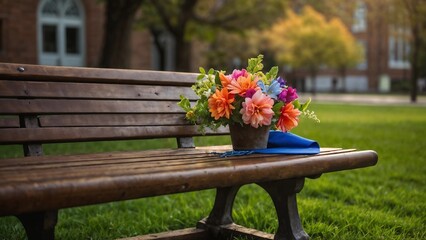 Colorful Potted Flowers Adorn a Bench in a Serene Garden Setting