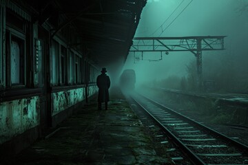 A man is seen standing on a train track at night, creating a mysterious and dangerous atmosphere, A spectral train conductor forever waiting at an abandoned station, AI Generated - Powered by Adobe