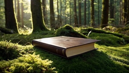 Classic Book Rests on Bed of Moss in Lush Forest Clearing