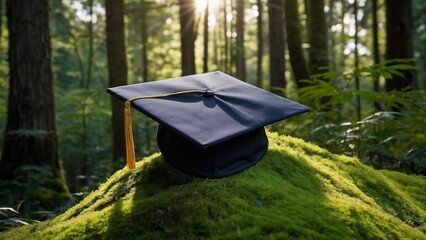 Graduation Cap Resting on Moss in Forest Clearing, Academic Achievement in Nature's Embrace