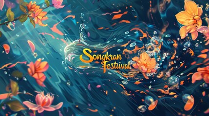 Songkran festival - water holiday in Thailand. Calligraphy lettering text on background with water and flowers. Template for poster, flyer or banner