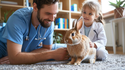 Vet and kid smiles as he cradles a soft, brown Holland Lop rabbit