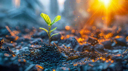 Tree saplings grow from the ashes and rubble.