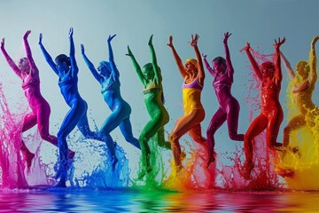 A lively group of women in swimsuits joyfully jumping into the water, A splash of colors...