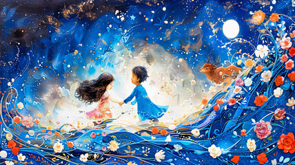 The watercolor style of a children's storybook shows the story of a boy and girl surrounded by flowers at night.