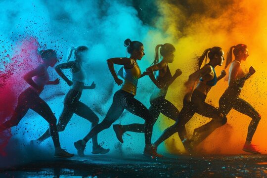 A dynamic group of individuals joyfully running through clouds of vibrant colored powder, A splash of colors representing various group fitness classes, AI Generated