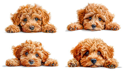 Set of brown furry puppies in various poses on a white background.