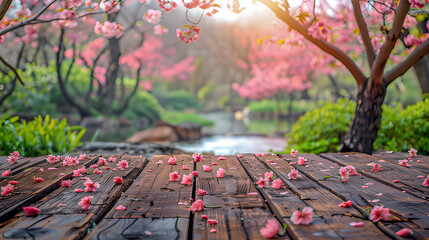 Wooden floor panels with a background of a pink cherry blossom garden.