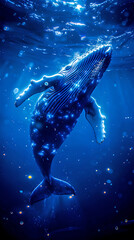 big blue whale in the depths of the dark ocean
