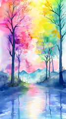 Watercolor style of trees and forests and streams in pastel tones.