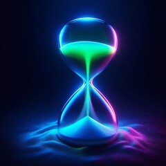 An abstract hourglass glows with iridescent light, casting vivid reflections on a surface that mimics a surreal, digital terrain. AI Generation