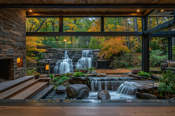 Fototapeta na wymiar A contemporary window frames a majestic waterfall