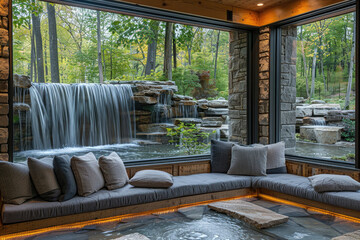 A contemporary window frames a majestic waterfall