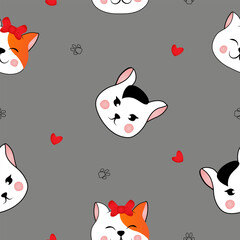 Seamless pattern with many different  red and black and white heads of cats on grey background. Vector illustration for children.
