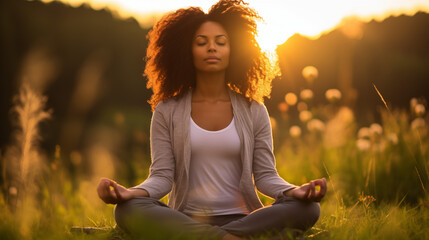 black woman doing meditation in the park,