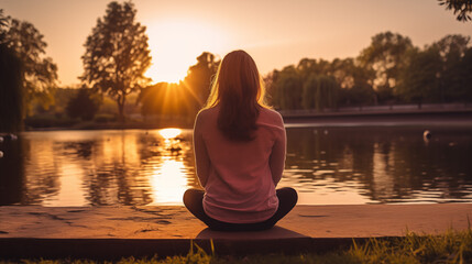 woman doing Meditation in front of a lake, calm wellness