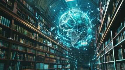 Futuristic Library With Robotic Elements and Digital Knowledge Sphere