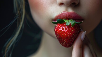 Beautiful woman with a strawberry in her mouth enjoys a sweet snack. Banner with copy space.