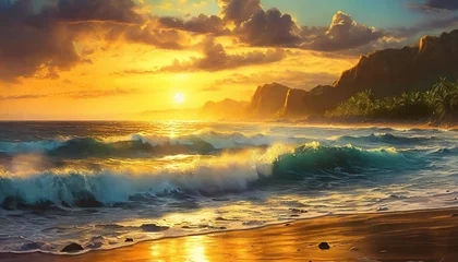 Foto op Plexiglas Serene beach at sunset, waves crashing, golden sky with clouds, distant mountains. A tranquil scene. Generative Ai © homydesign