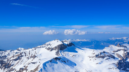 The banner mountain view of alpine as snow-capped mount peaks scene  in Winter mountains background