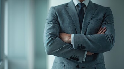 Confident businessman standing with crossed arms. Banner with copy space.