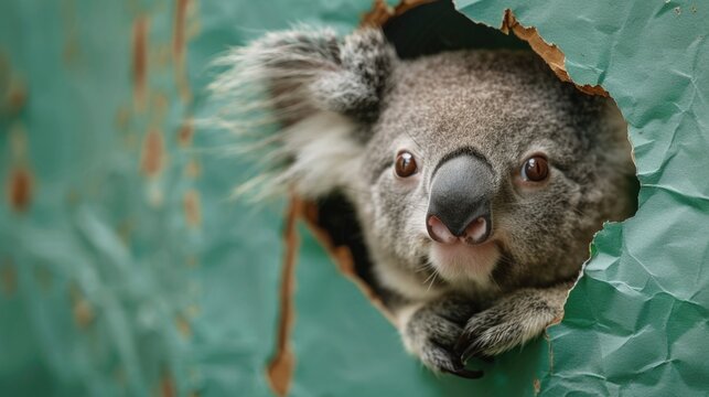 Fun coala peeking out of hole. Banner with copy space.