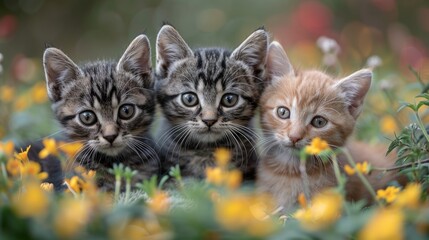 Three small kittens sitting in grass