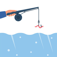 Fisherman holding in hands classic fishing rod, spinning rods with hook. Fishing concept. Vector illustrations flat design. Activity sport banner poster.