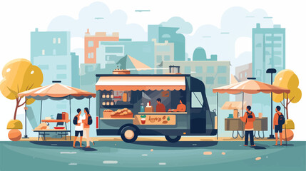 Hand drawn street food selling concept. Food truck - obrazy, fototapety, plakaty