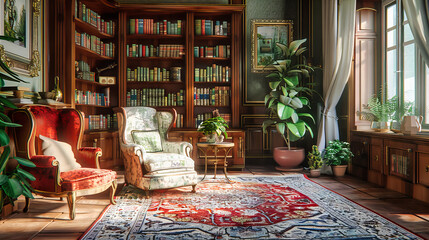 Classic Library Interior with Antique Books and Comfortable Reading Chairs, Vintage Elegance and Intellectual Ambiance - obrazy, fototapety, plakaty