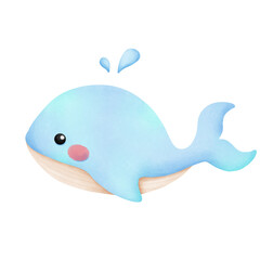 Blue whale cute cartoon watercolor