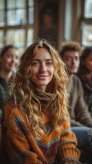 Obraz premium Smiling young woman in cozy sweater, surrounded by friends, at a meeting, warmth, happiness. 