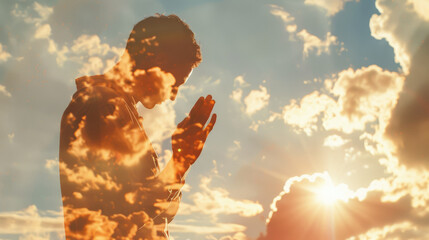 Young man praying against the sky with clouds and sunlight, illustration in double exposure style, close-up. - obrazy, fototapety, plakaty