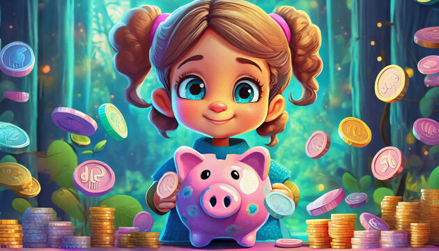 OIL PAINTING STYLE Child Saving Money In Pink Piggy Bank