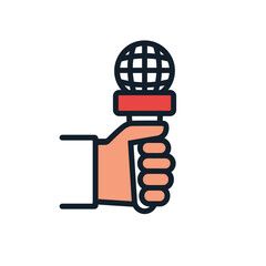 Hand holding microphone. Live news, report template. Journalism concept. Journalist, reporters interviews. Minimal line design. Vector illustration flat style. Isolated on white background.