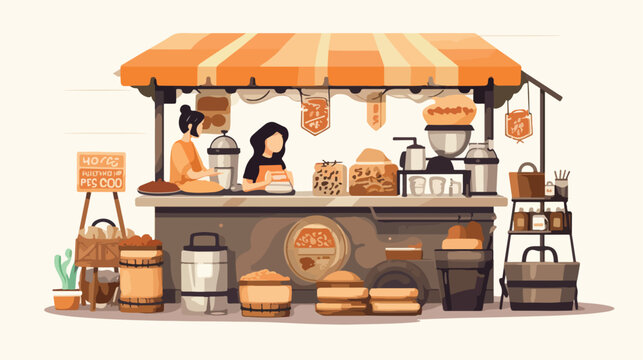 Hand drawn street food vendor concept. Noodles sell