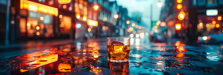 Close-Up of a Whiskey on the Rocks, Sophisticated Bar Setting, Celebration of Fine Spirits, Elegant Beverage Presentation - obrazy, fototapety, plakaty